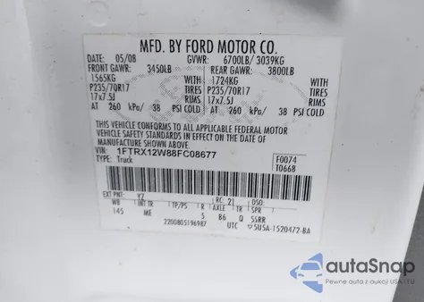 2008 Ford F150 from USA, damaged, VIN 1FTRX12W88FC08677